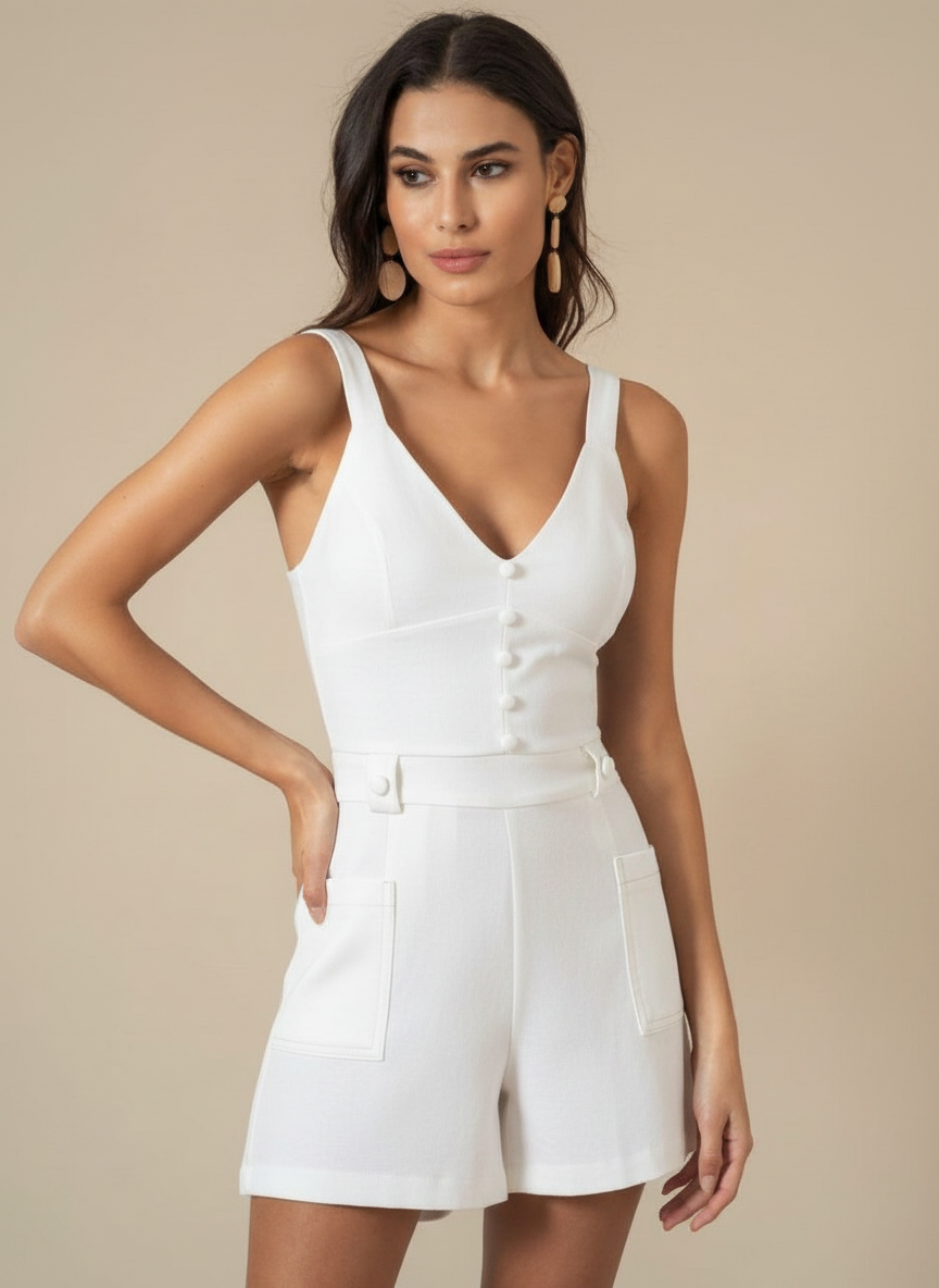 Romper elegante abotonado con escote en V pronunciado
