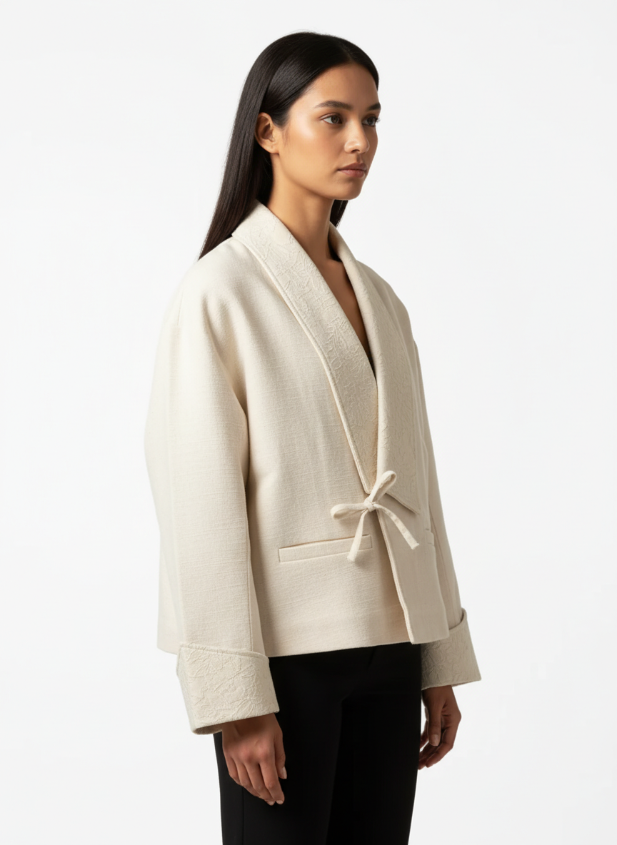 Abrigo Kimono de Manga Doblada con Bolsillos