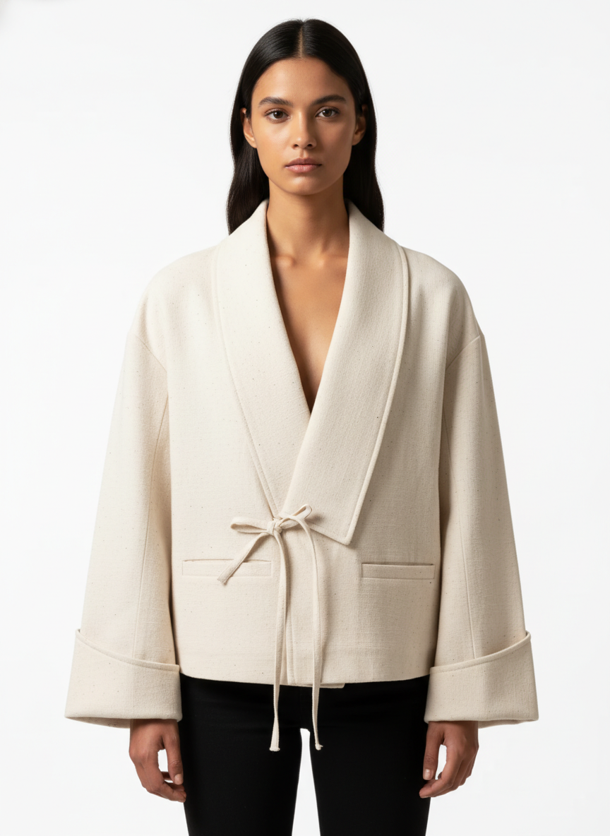 Abrigo Kimono de Manga Doblada con Bolsillos