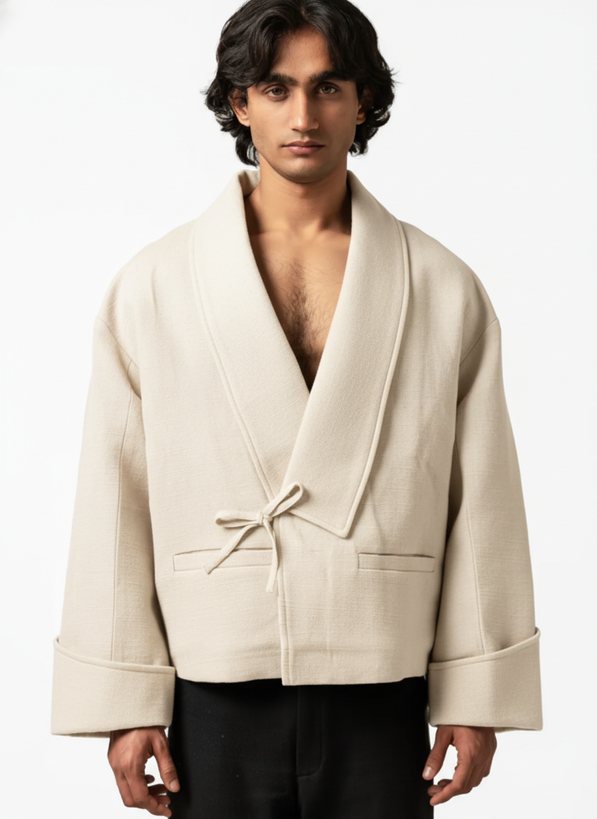 Abrigo Kimono de Manga Doblada con Bolsillos