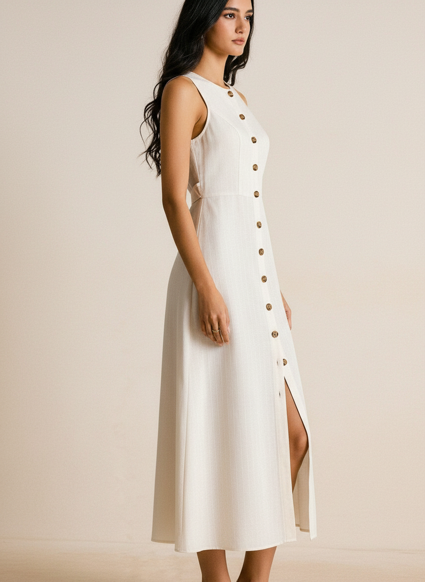Vestido Midi Abotonado con Abertura